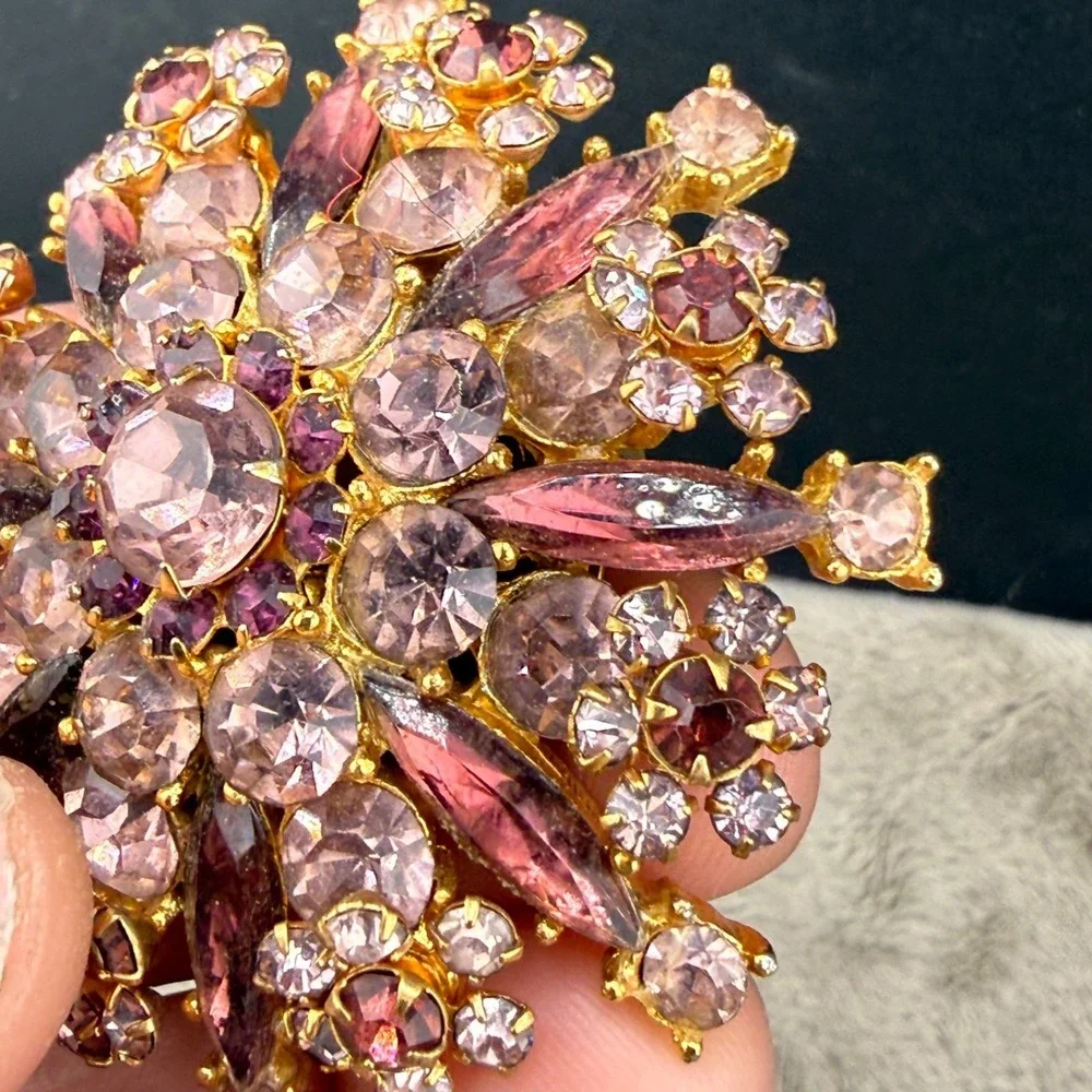 Vintage Rhinestone Brooch Purple Gold Tone  Sparkle